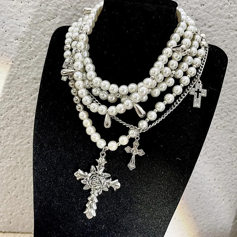 Layered Pearl Gothic Cross Stacked Necklace for Women