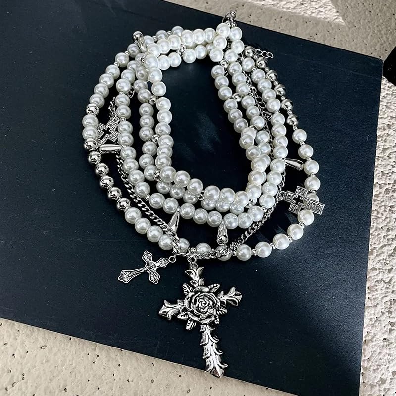 Layered Pearl Gothic Cross Stacked Necklace for Women
