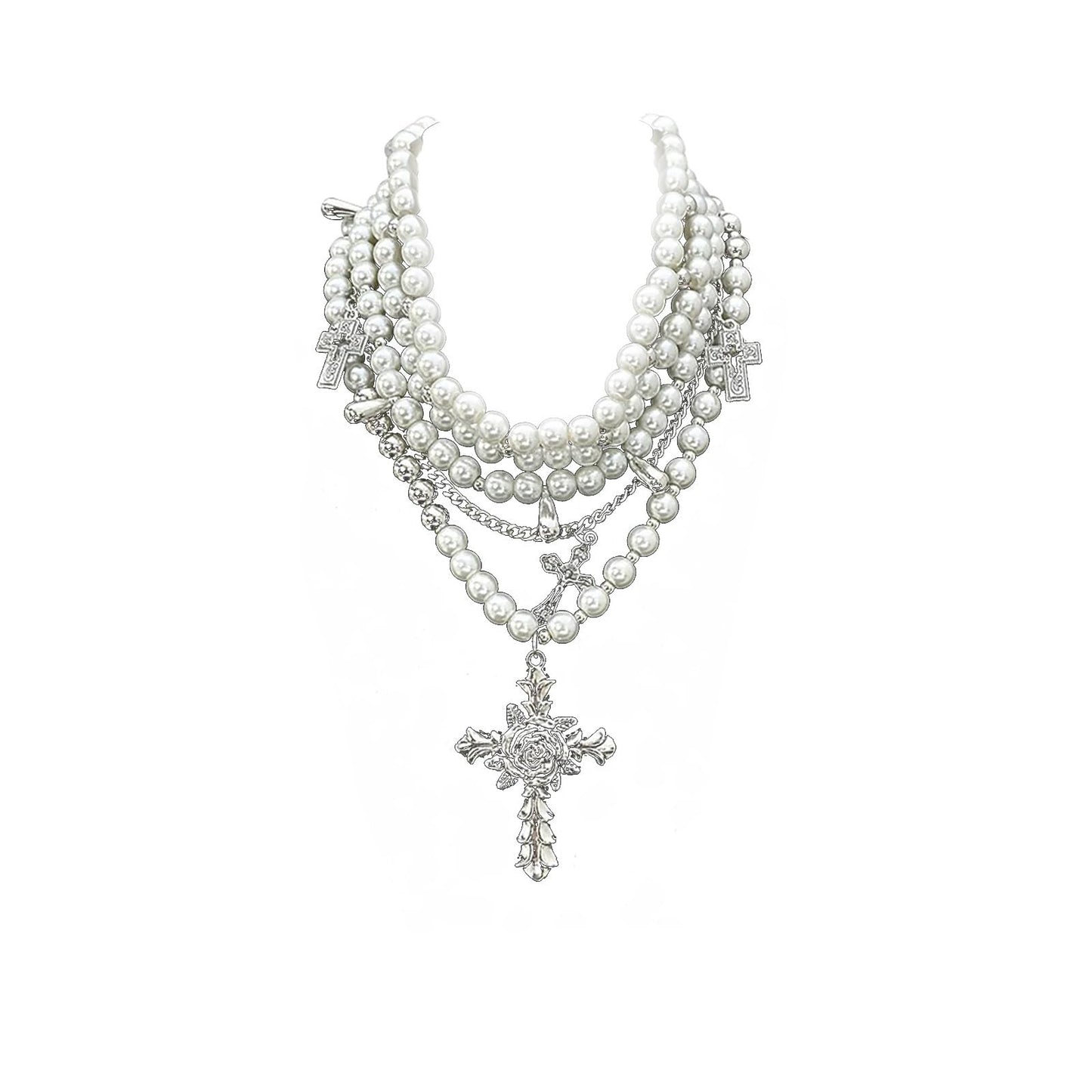 Layered Pearl Gothic Cross Stacked Necklace for Women