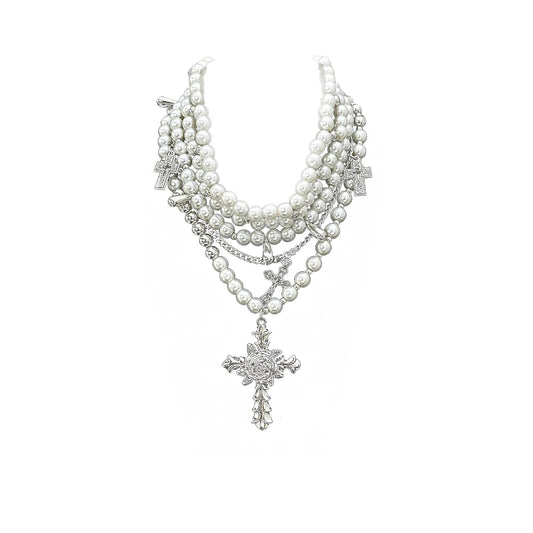Layered Pearl Gothic Cross Stacked Necklace for Women