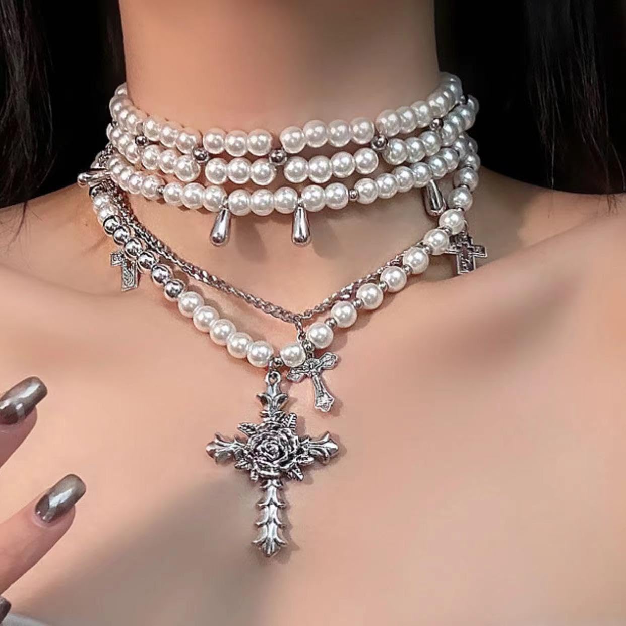 Layered Pearl Gothic Cross Stacked Necklace for Women
