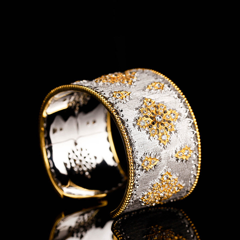 Sterling Silver Gold-Embellished Retro Classic Snowflake Bangle