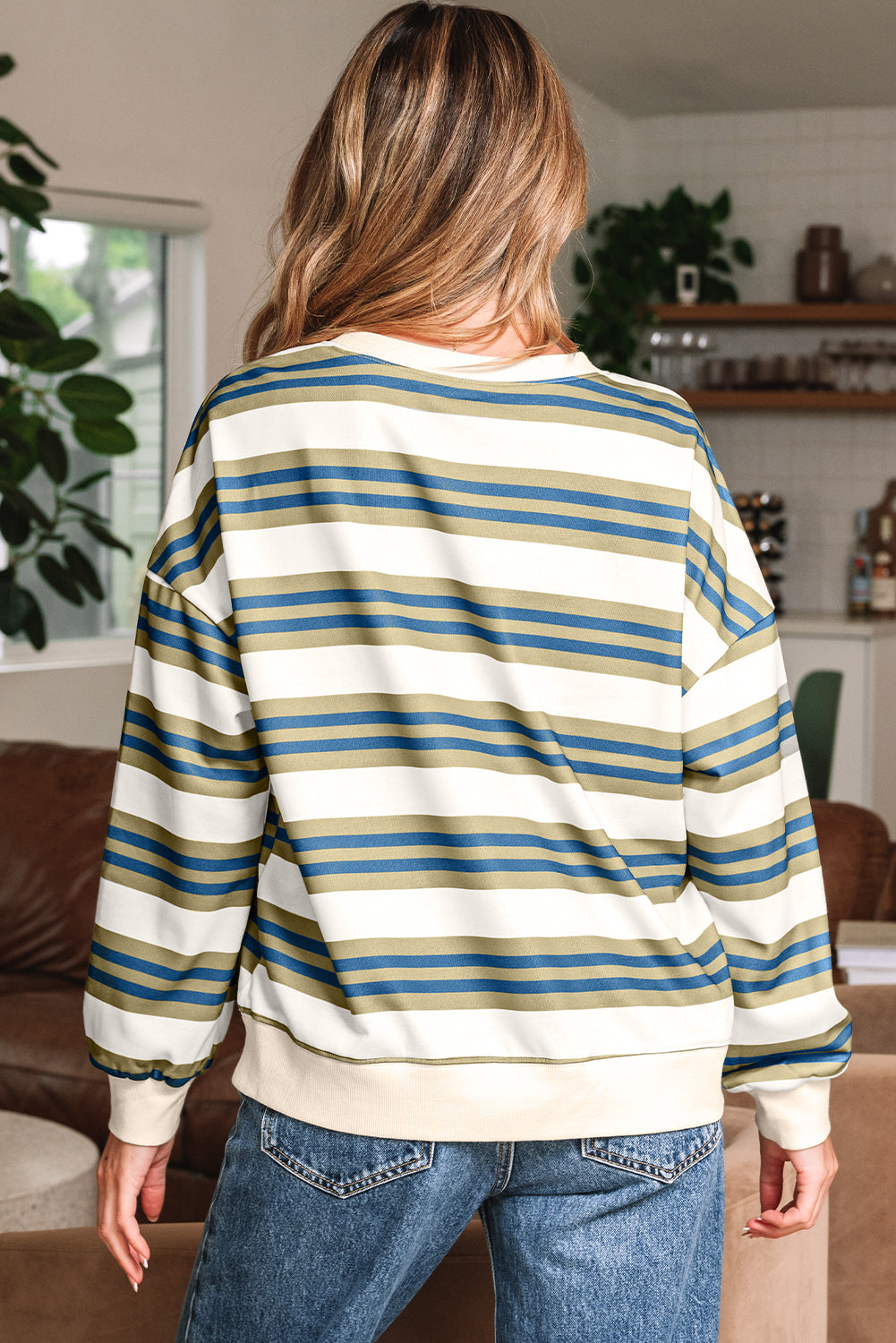 Khaki Stripe Crew Neck Pullover Sweatshirt