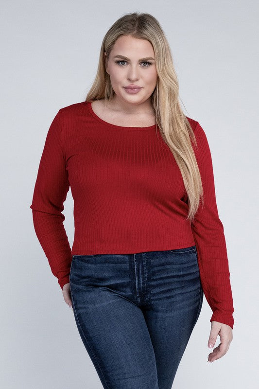 Plus Size Ribbed Round Neck Long Sleeve Shirt