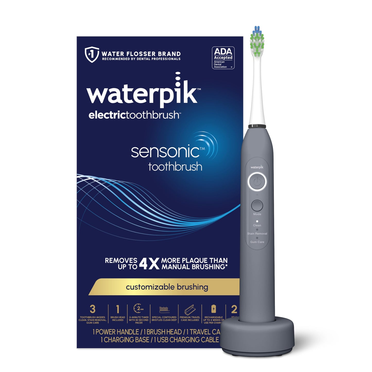 Waterpik Sensonic Sonic Electric Toothbrush, Rechargeable Toothbrush for Adults with 3 Modes, Travel Case, USB Charger, Modern Gray STW-03W027, Packaging May Vary