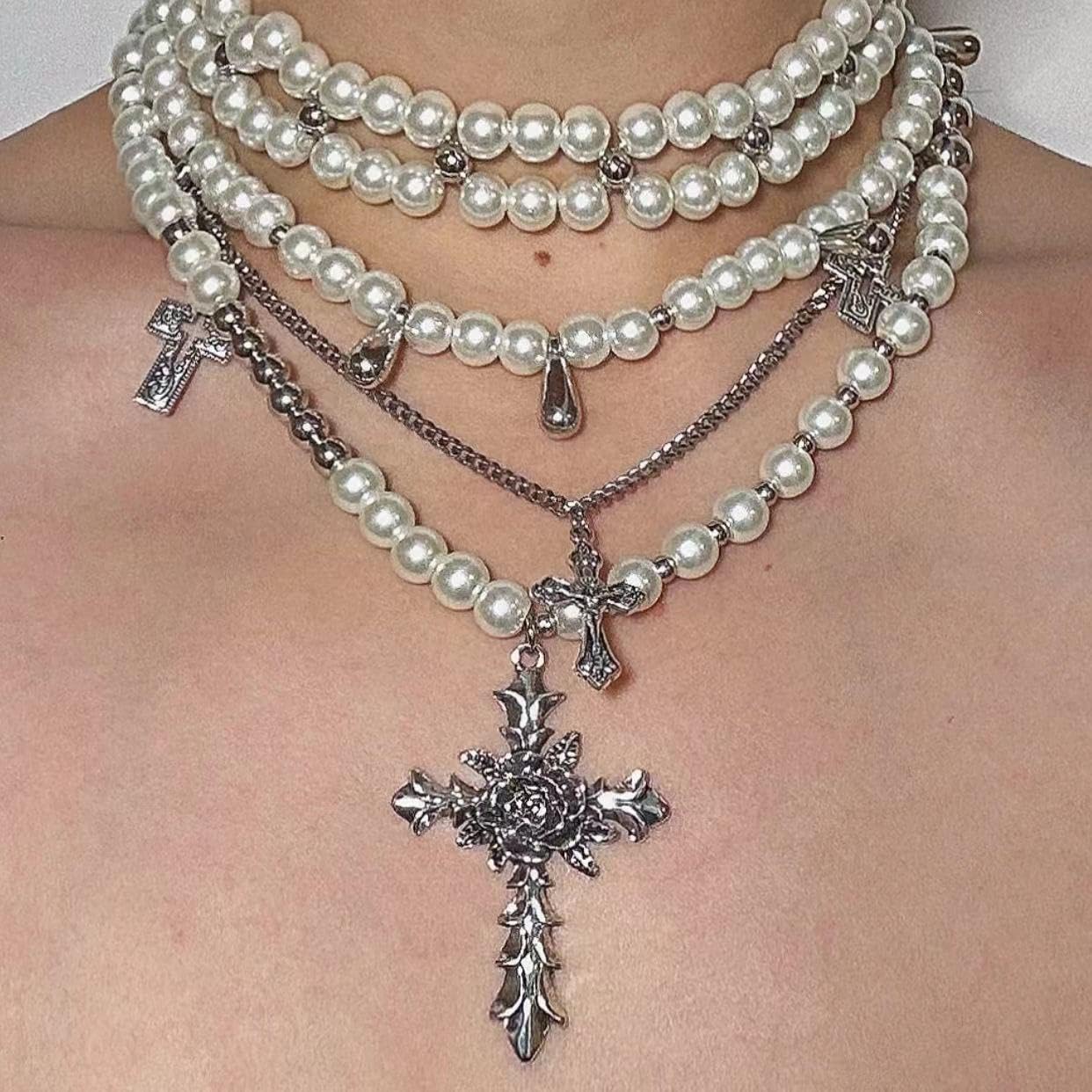 Layered Pearl Gothic Cross Stacked Necklace for Women