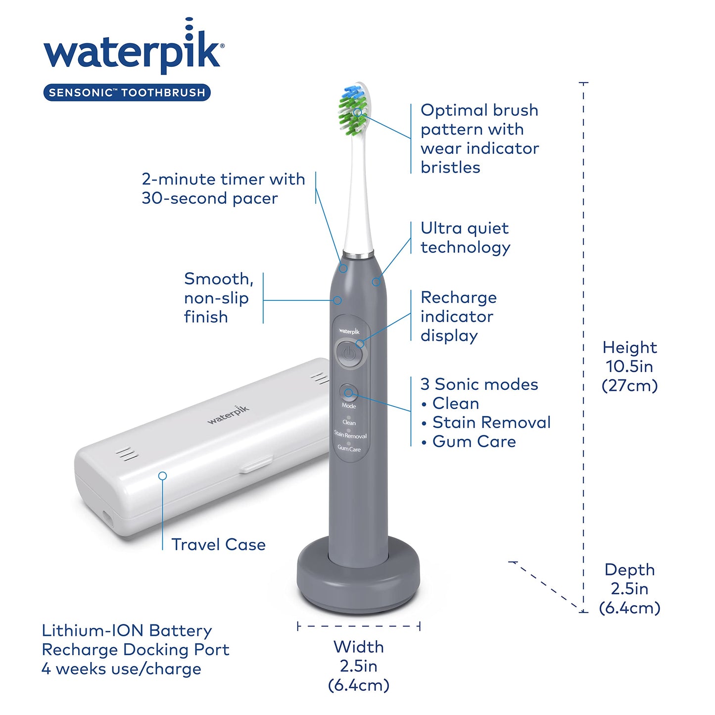 Waterpik Sensonic Sonic Electric Toothbrush, Rechargeable Toothbrush for Adults with 3 Modes, Travel Case, USB Charger, Modern Gray STW-03W027, Packaging May Vary