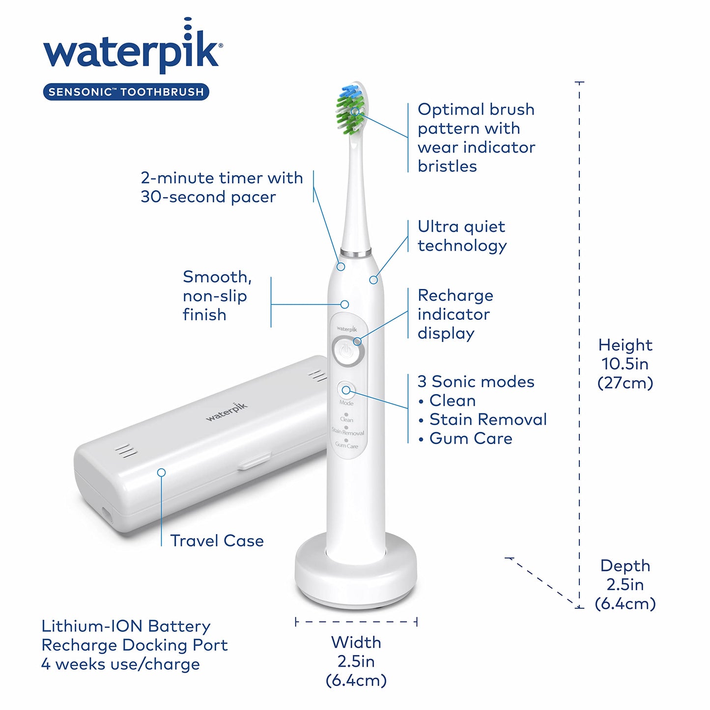 Waterpik Sensonic Sonic Electric Toothbrush, Rechargeable Toothbrush for Adults with 3 Modes, Travel Case, USB Charger, Modern Gray STW-03W027, Packaging May Vary