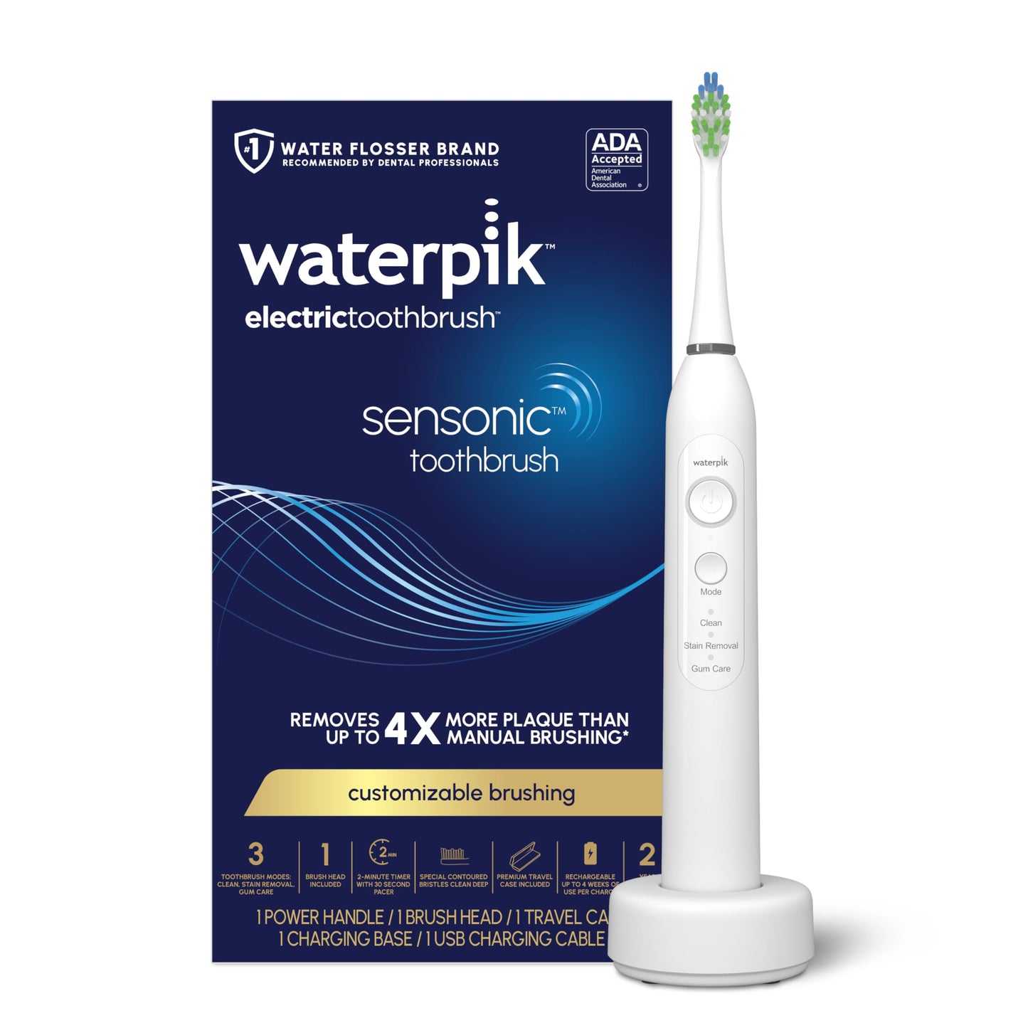 Waterpik Sensonic Sonic Electric Toothbrush, Rechargeable Toothbrush for Adults with 3 Modes, Travel Case, USB Charger, Modern Gray STW-03W027, Packaging May Vary