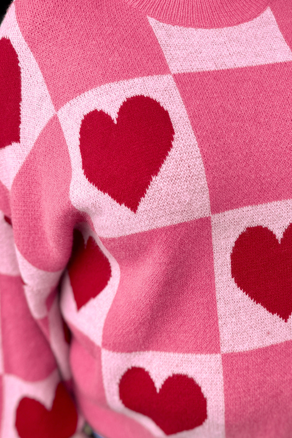 Pink Love Heart Checkered Crew Neck Sweater