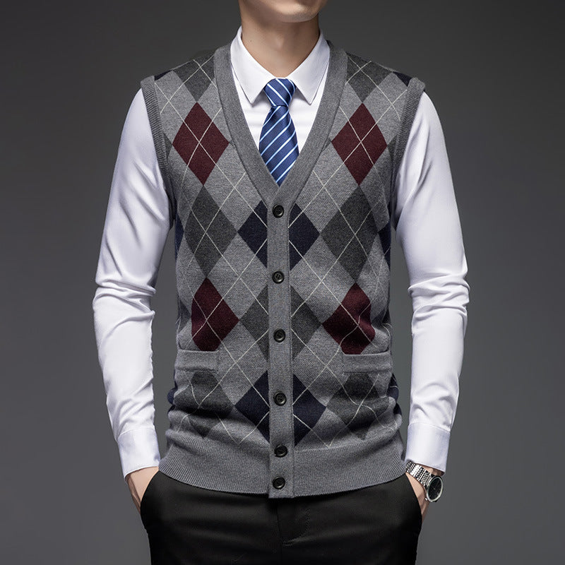 Men's Knitted Sleeveless Wool Cardigan V-Neck Vest with Pockets
