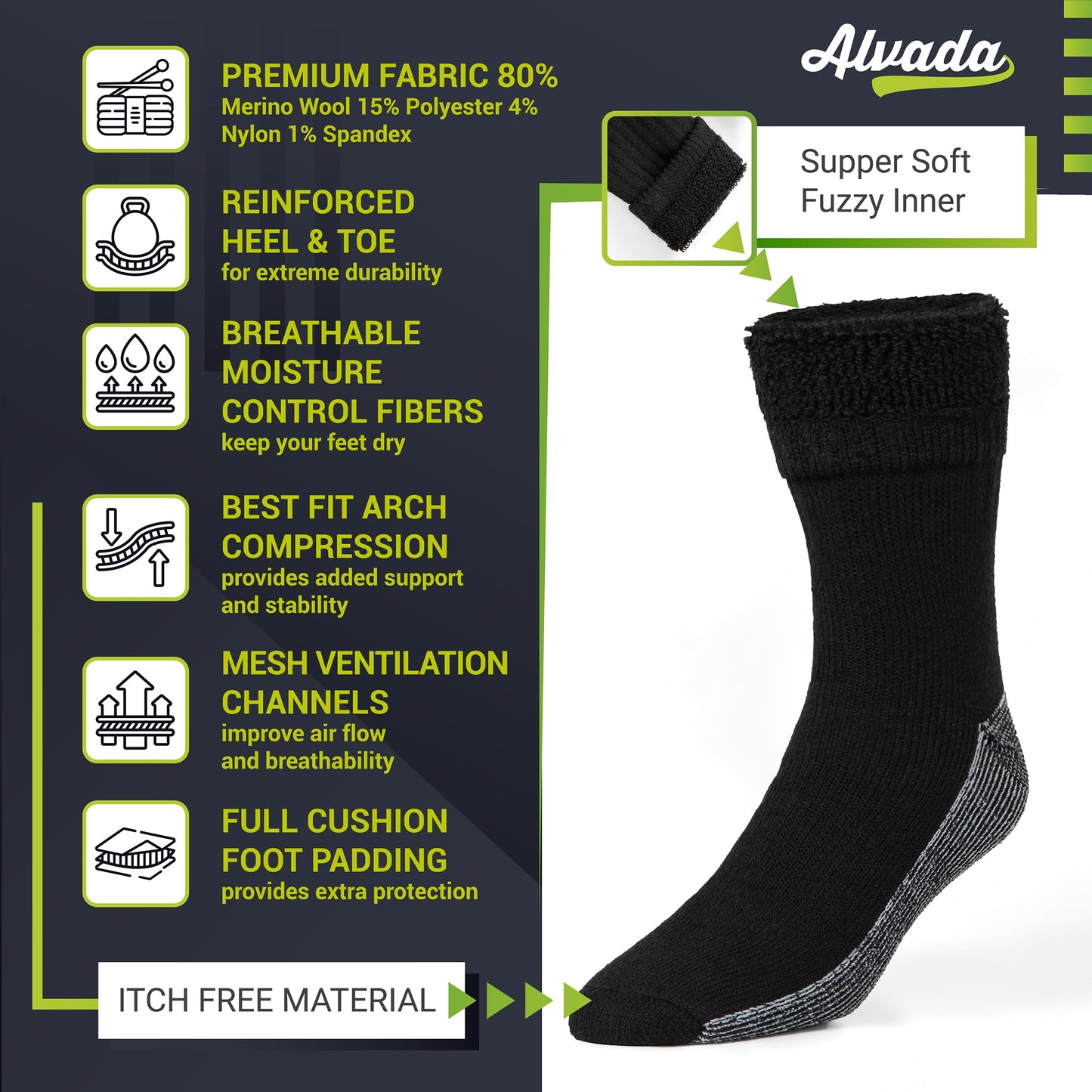 Unisex Alvada Merino Wool Hiking Socks Thermal Warm Crew Winter Boot Socks 3 Pairs
