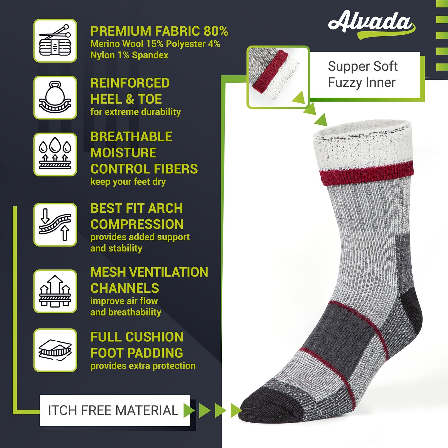 Unisex Alvada Merino Wool Hiking Socks Thermal Warm Crew Winter Boot Socks 3 Pairs