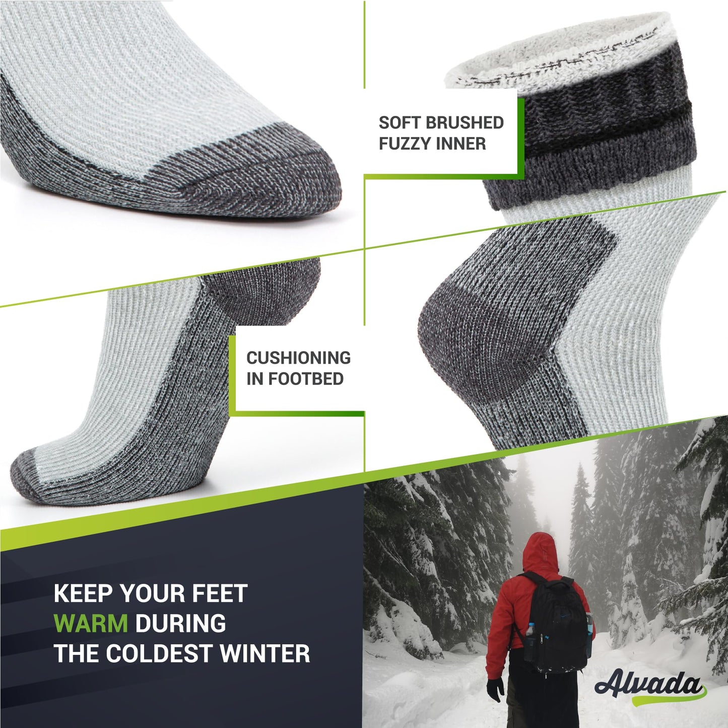 Unisex Alvada Merino Wool Hiking Socks Thermal Warm Crew Winter Boot Socks 3 Pairs