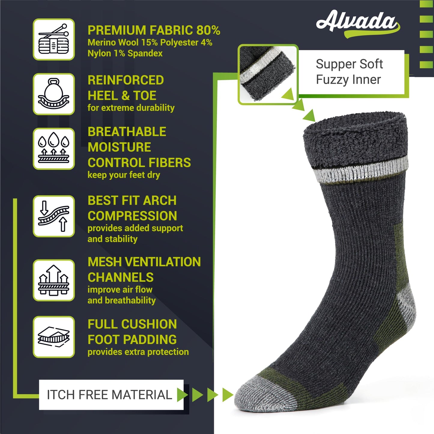 Unisex Alvada Merino Wool Hiking Socks Thermal Warm Crew Winter Boot Socks 3 Pairs