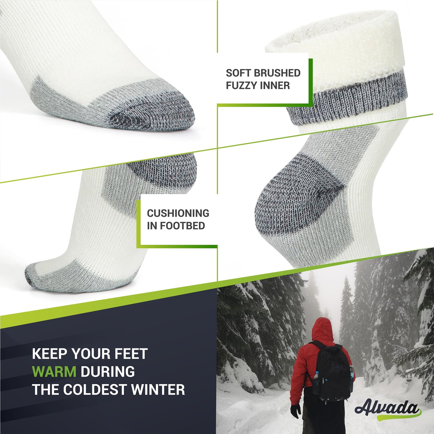 Unisex Alvada Merino Wool Hiking Socks Thermal Warm Crew Winter Boot Socks 3 Pairs