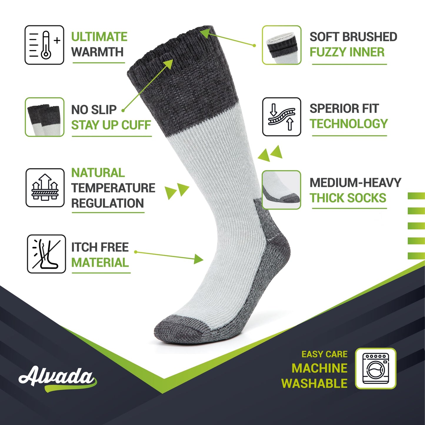 Unisex Alvada Merino Wool Hiking Socks Thermal Warm Crew Winter Boot Socks 3 Pairs