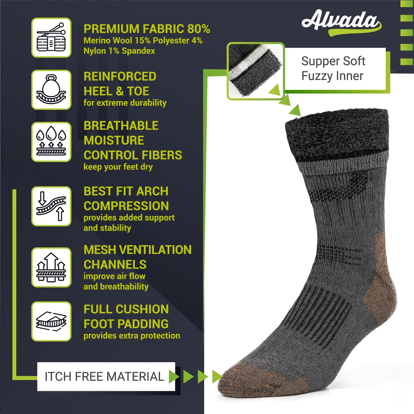 Unisex Alvada Merino Wool Hiking Socks Thermal Warm Crew Winter Boot Socks 3 Pairs