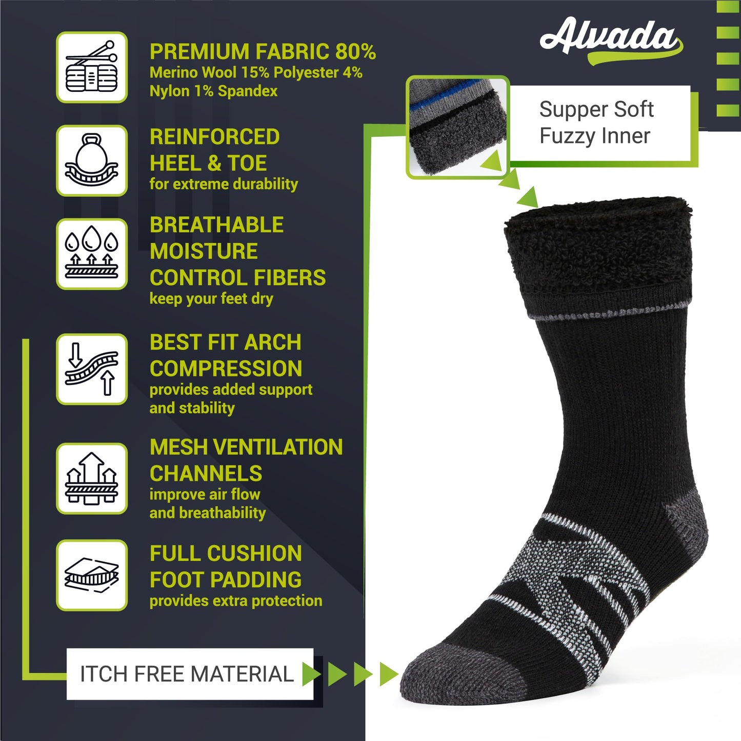 Unisex Alvada Merino Wool Hiking Socks Thermal Warm Crew Winter Boot Socks 3 Pairs
