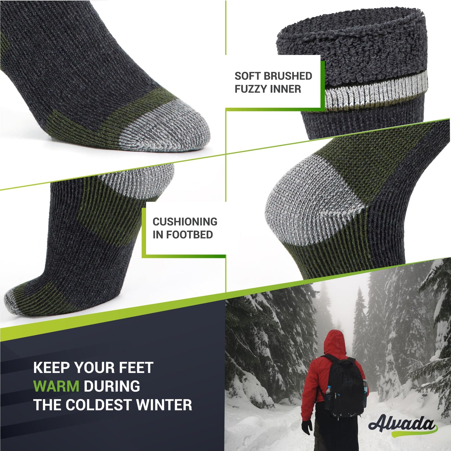 Unisex Alvada Merino Wool Hiking Socks Thermal Warm Crew Winter Boot Socks 3 Pairs