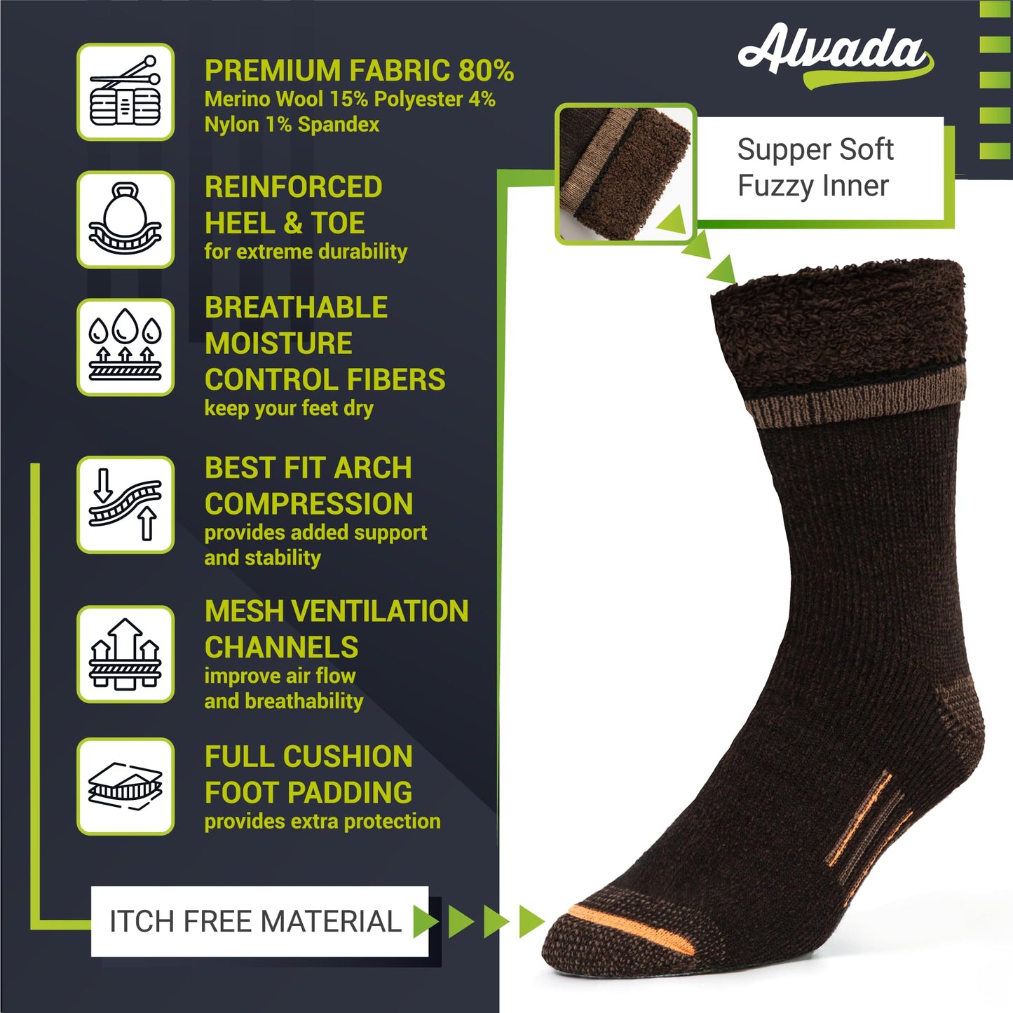 Unisex Alvada Merino Wool Hiking Socks Thermal Warm Crew Winter Boot Socks 3 Pairs