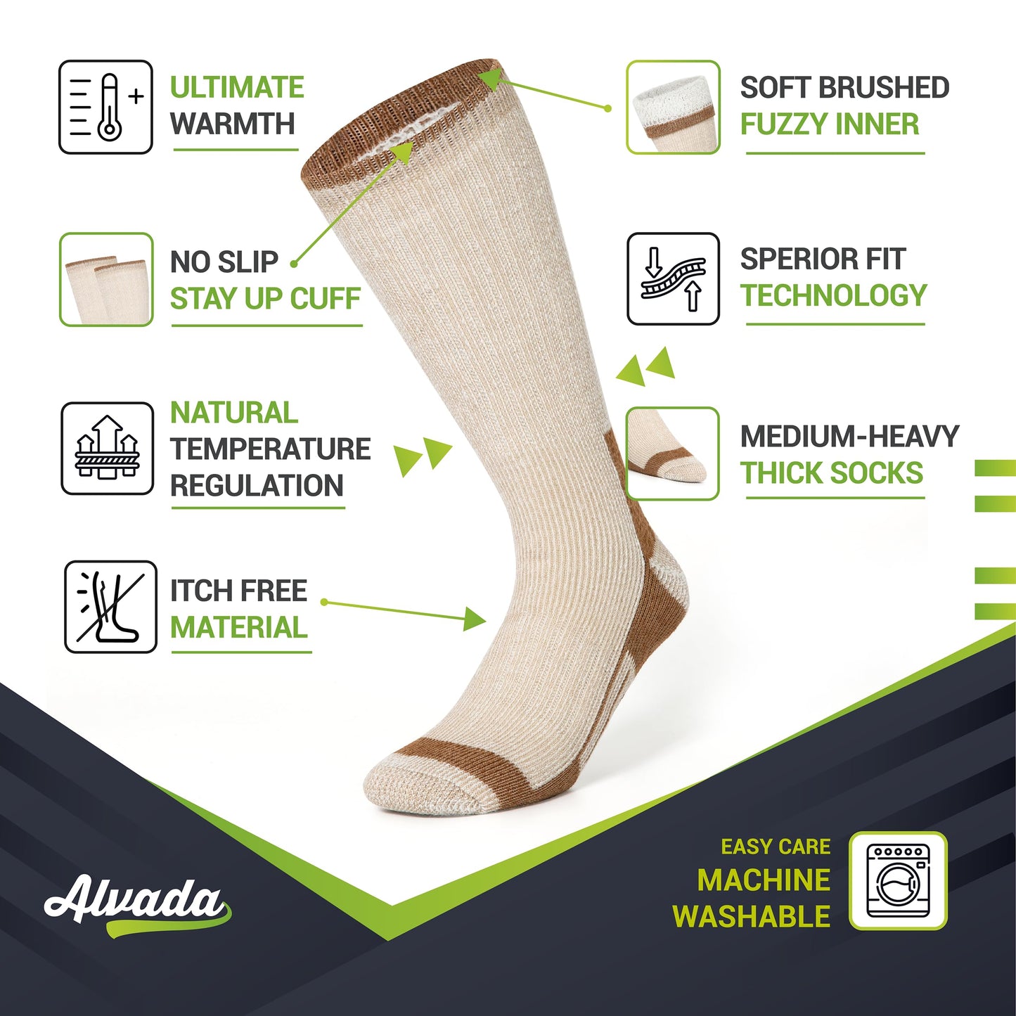 Unisex Alvada Merino Wool Hiking Socks Thermal Warm Crew Winter Boot Socks 3 Pairs