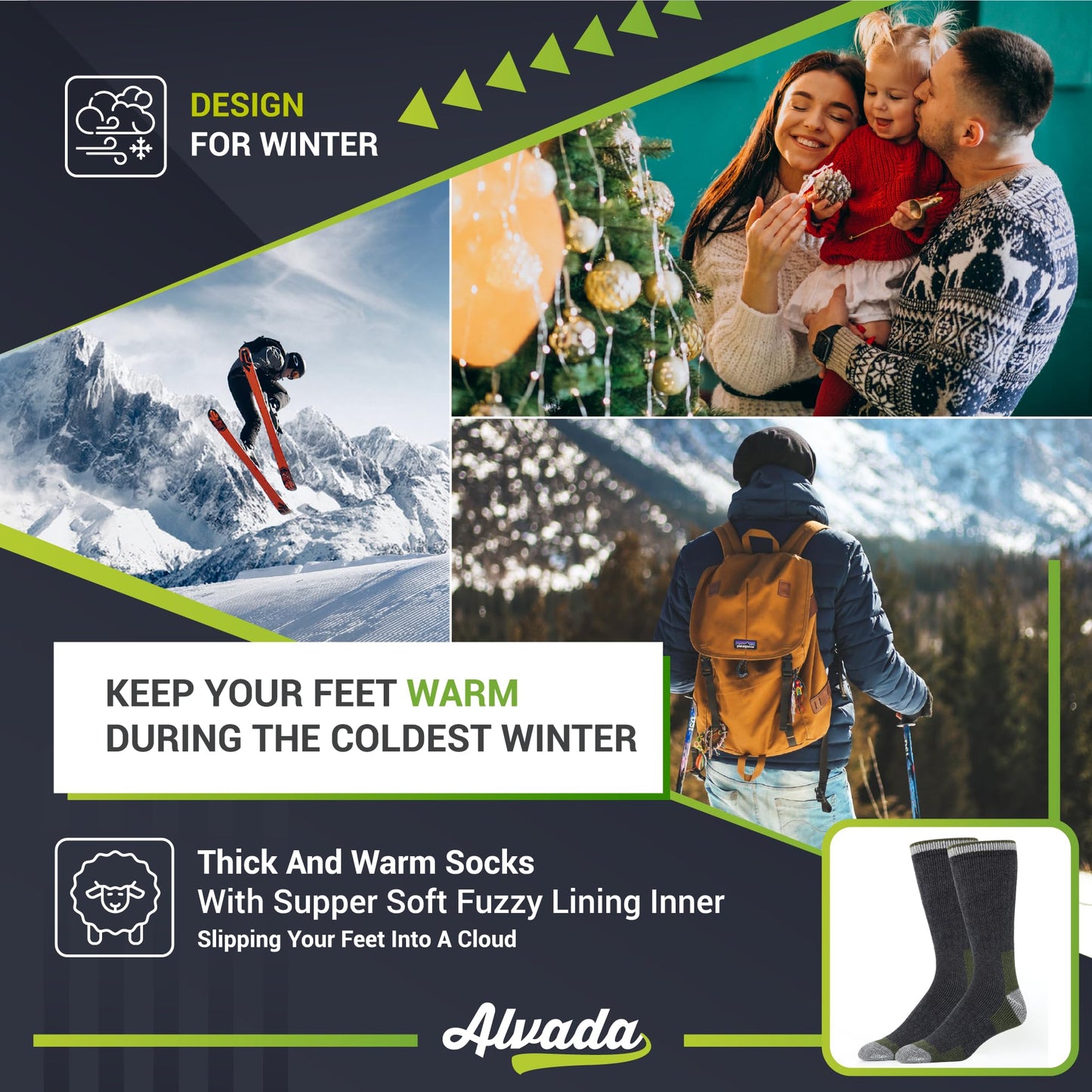 Unisex Alvada Merino Wool Hiking Socks Thermal Warm Crew Winter Boot Socks 3 Pairs