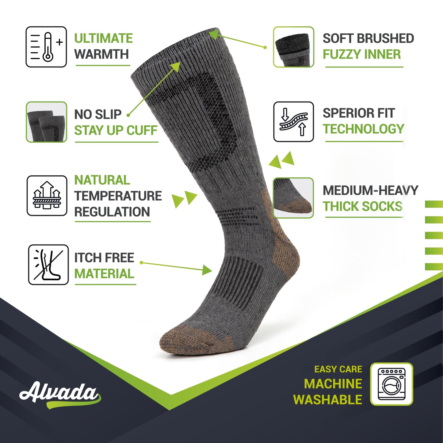 Unisex Alvada Merino Wool Hiking Socks Thermal Warm Crew Winter Boot Socks 3 Pairs