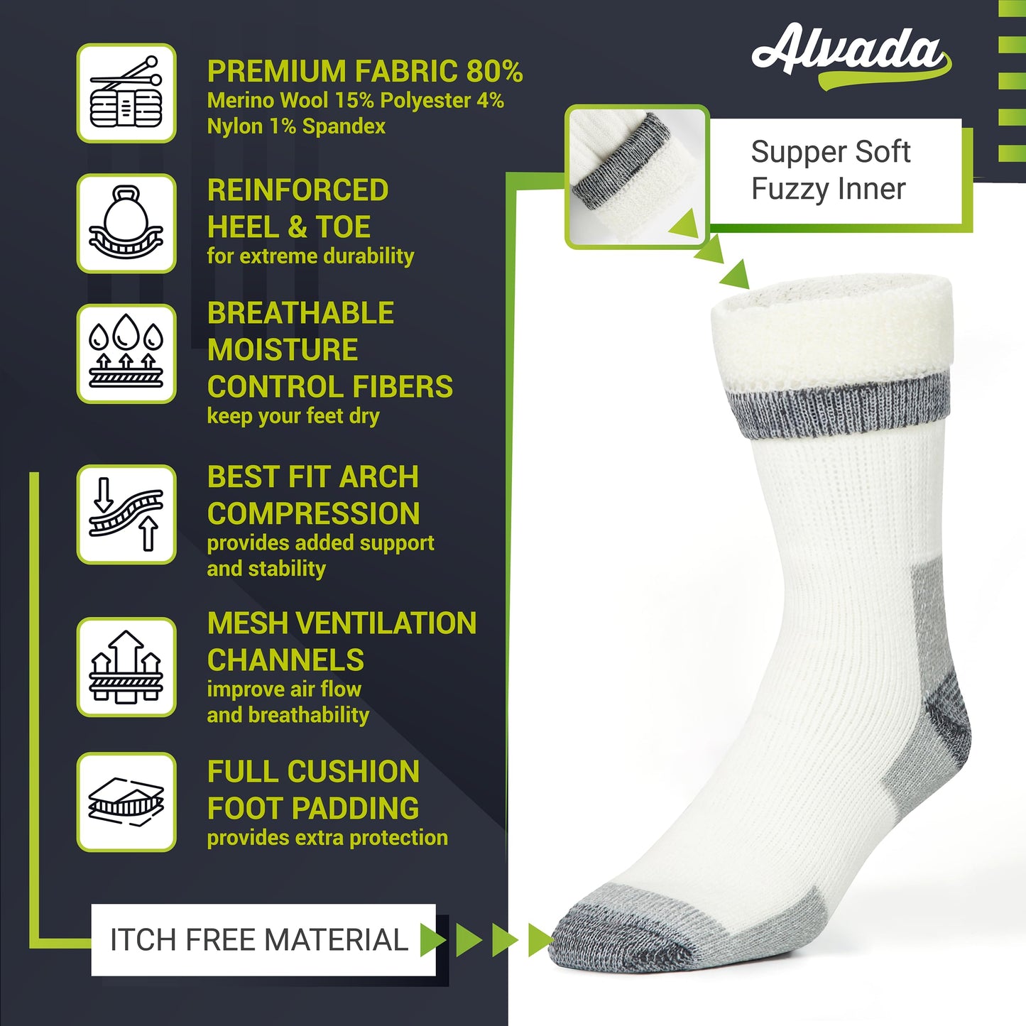 Unisex Alvada Merino Wool Hiking Socks Thermal Warm Crew Winter Boot Socks 3 Pairs