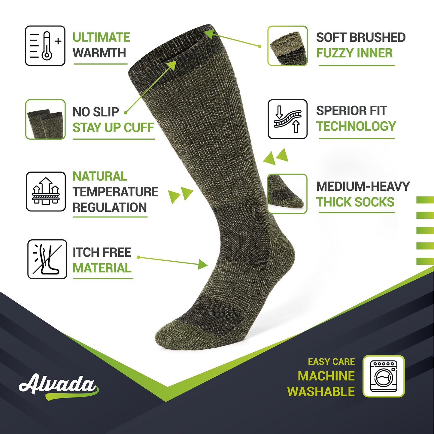 Unisex Alvada Merino Wool Hiking Socks Thermal Warm Crew Winter Boot Socks 3 Pairs