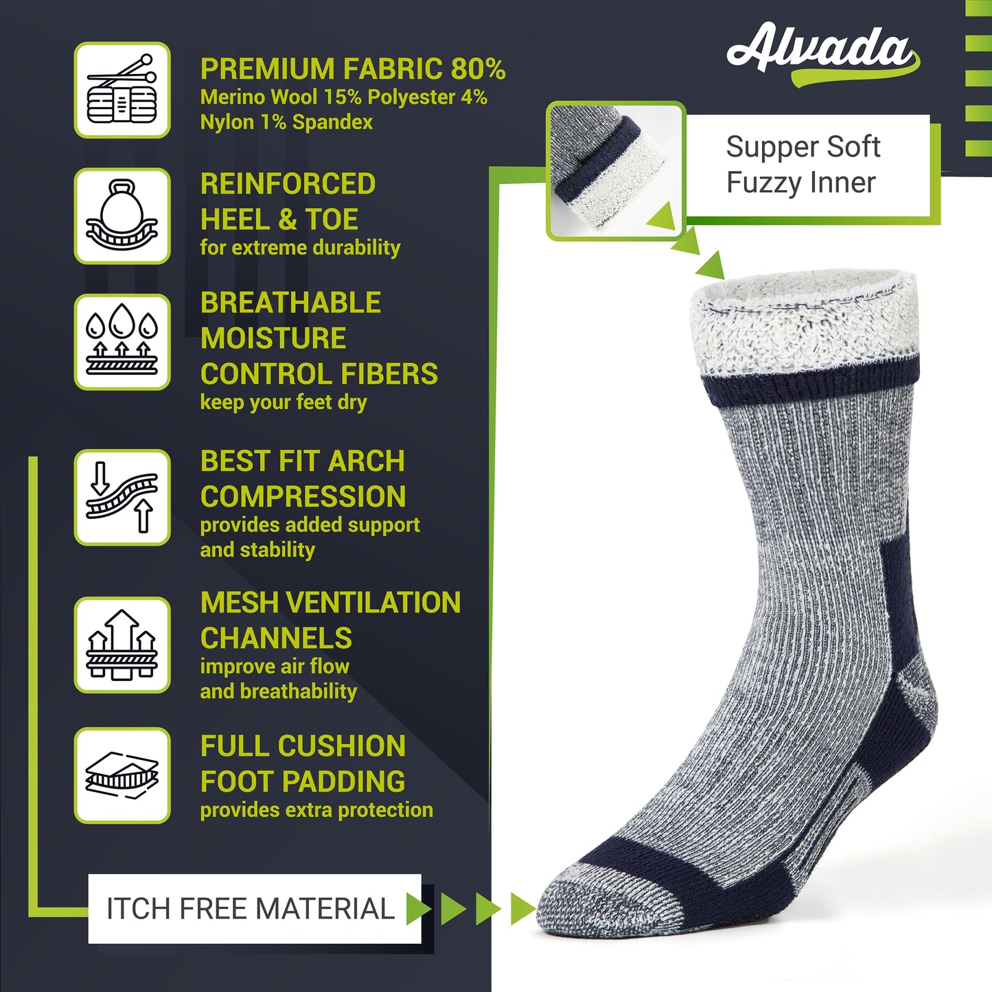 Unisex Alvada Merino Wool Hiking Socks Thermal Warm Crew Winter Boot Socks 3 Pairs