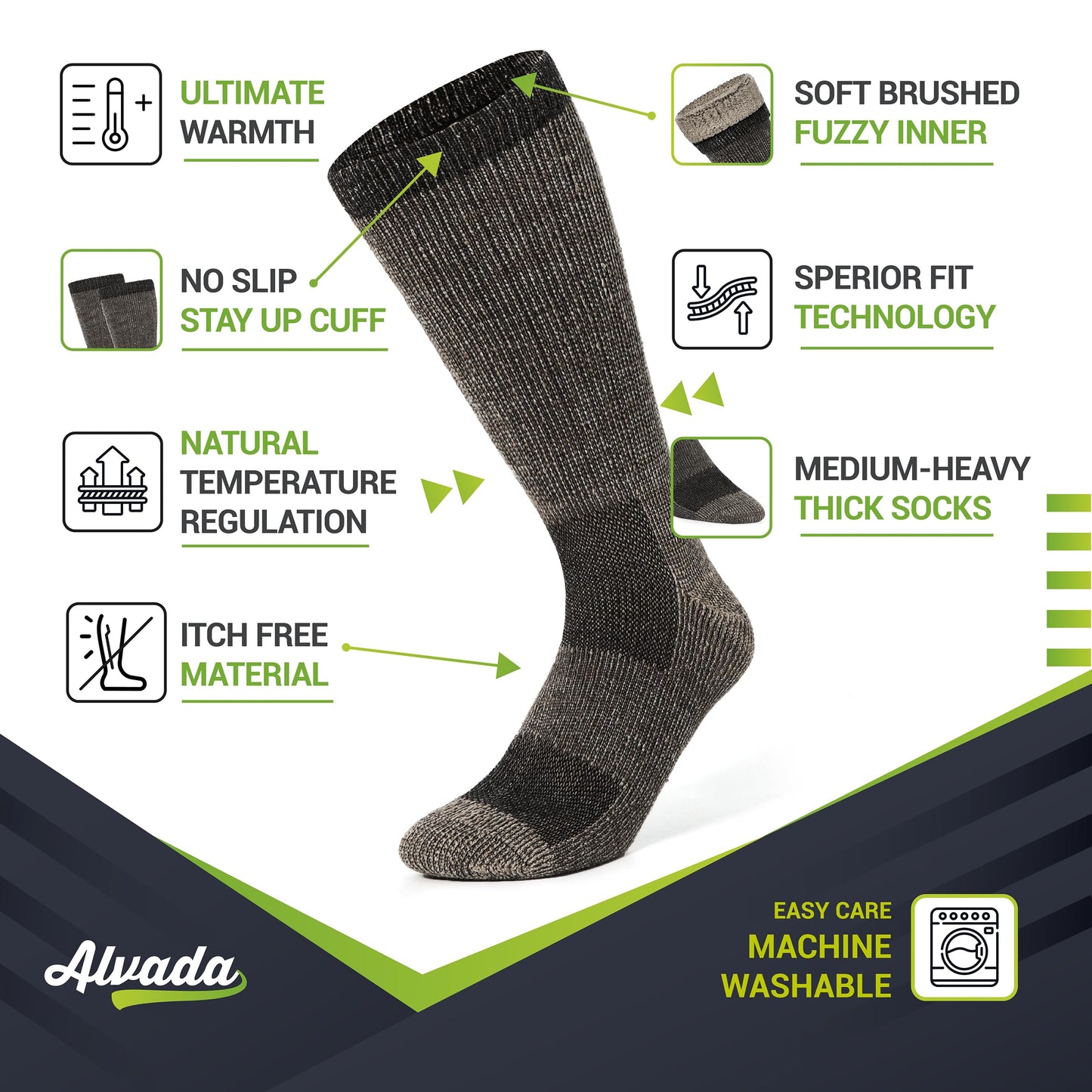 Unisex Alvada Merino Wool Hiking Socks Thermal Warm Crew Winter Boot Socks 3 Pairs