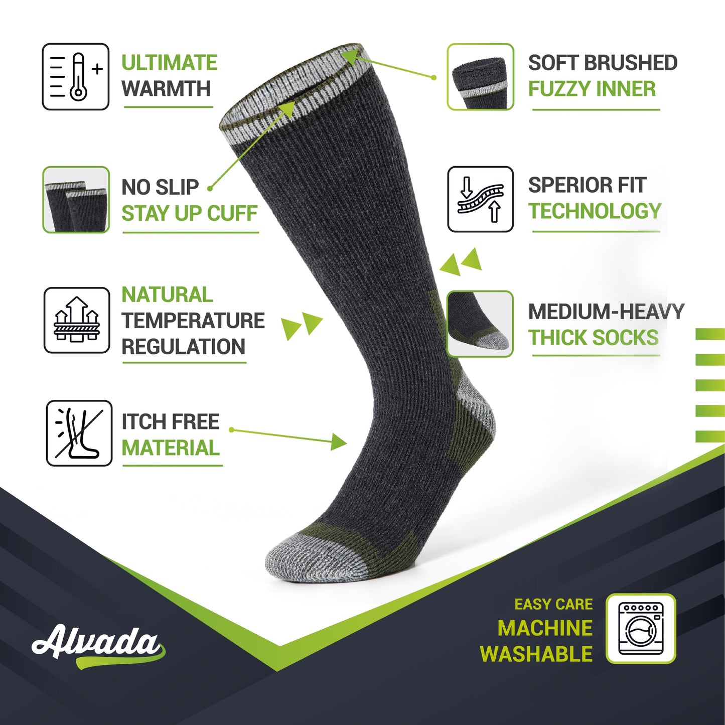Unisex Alvada Merino Wool Hiking Socks Thermal Warm Crew Winter Boot Socks 3 Pairs