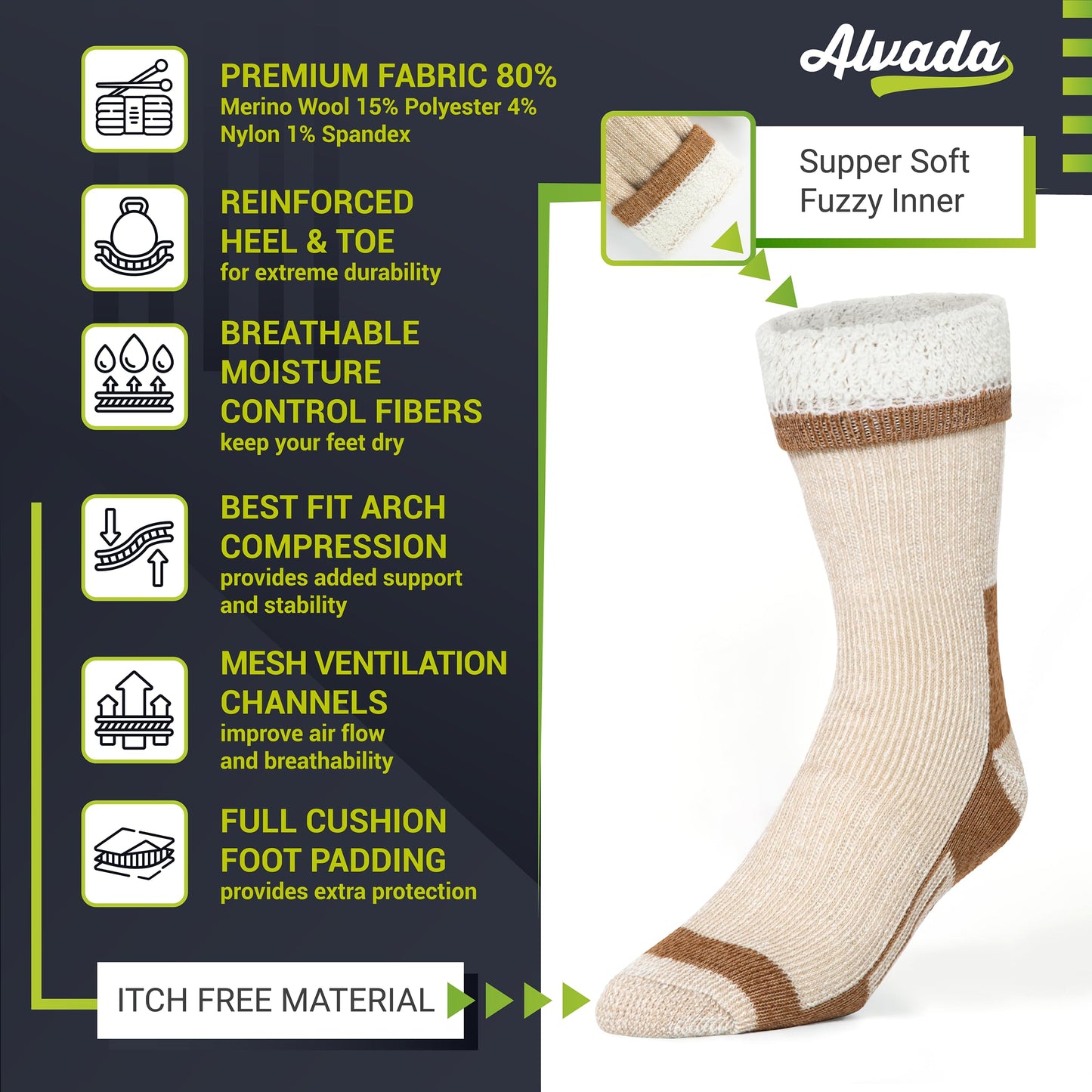 Unisex Alvada Merino Wool Hiking Socks Thermal Warm Crew Winter Boot Socks 3 Pairs