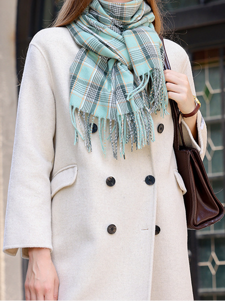 Soft Warm Light Blue Plaid Fringe-Hem Scarf