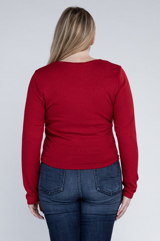 Plus Size Ribbed Round Neck Long Sleeve Shirt