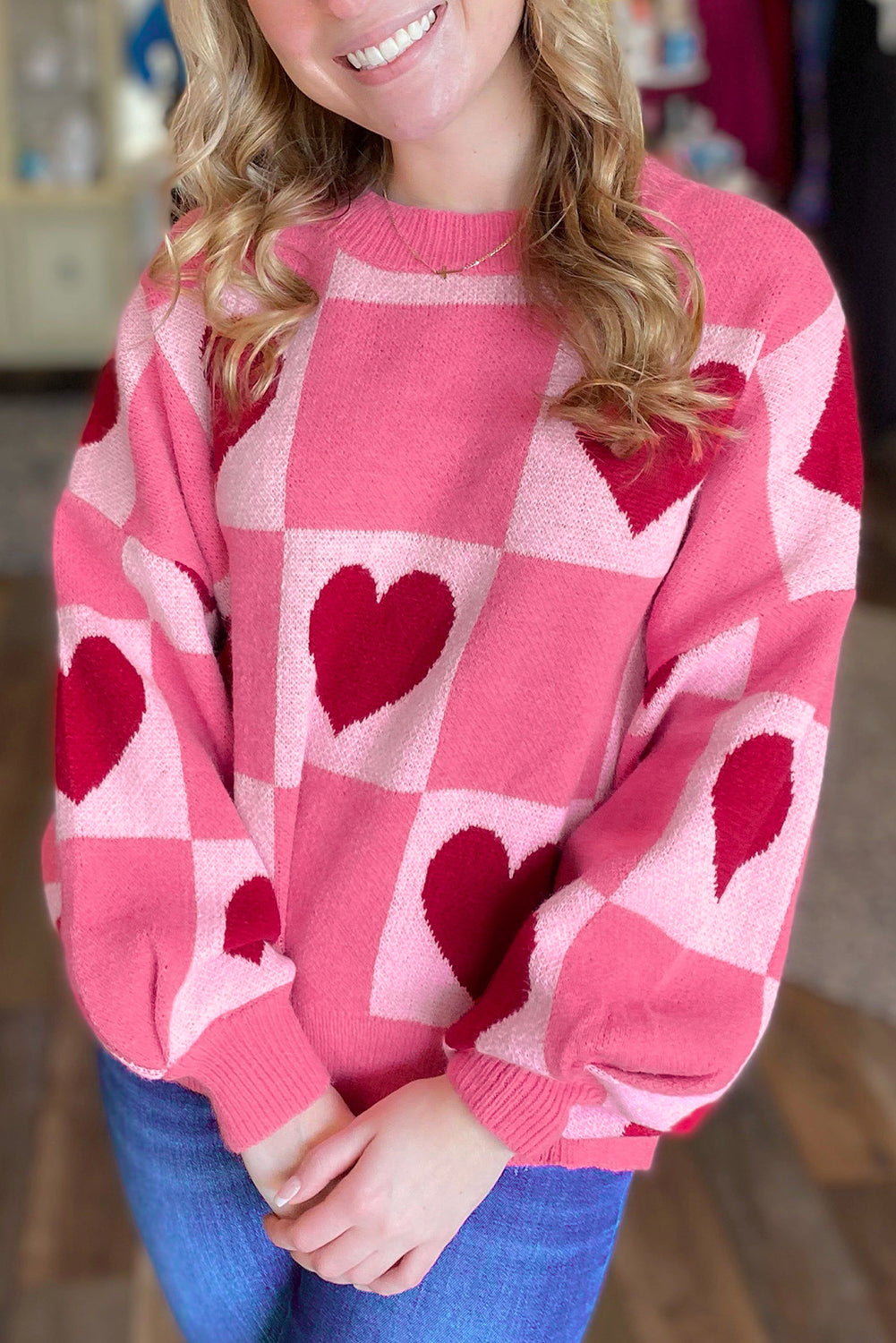 Pink Love Heart Checkered Crew Neck Sweater