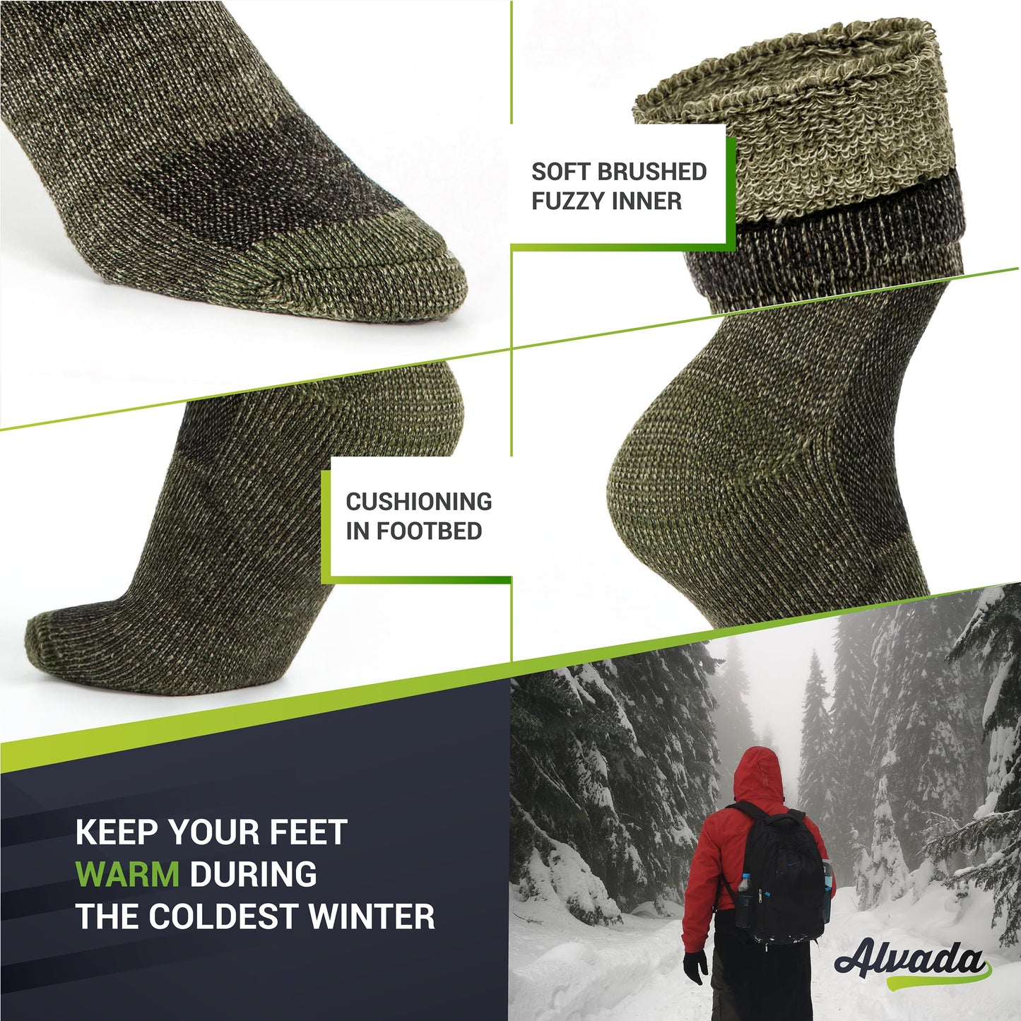 Unisex Alvada Merino Wool Hiking Socks Thermal Warm Crew Winter Boot Socks 3 Pairs