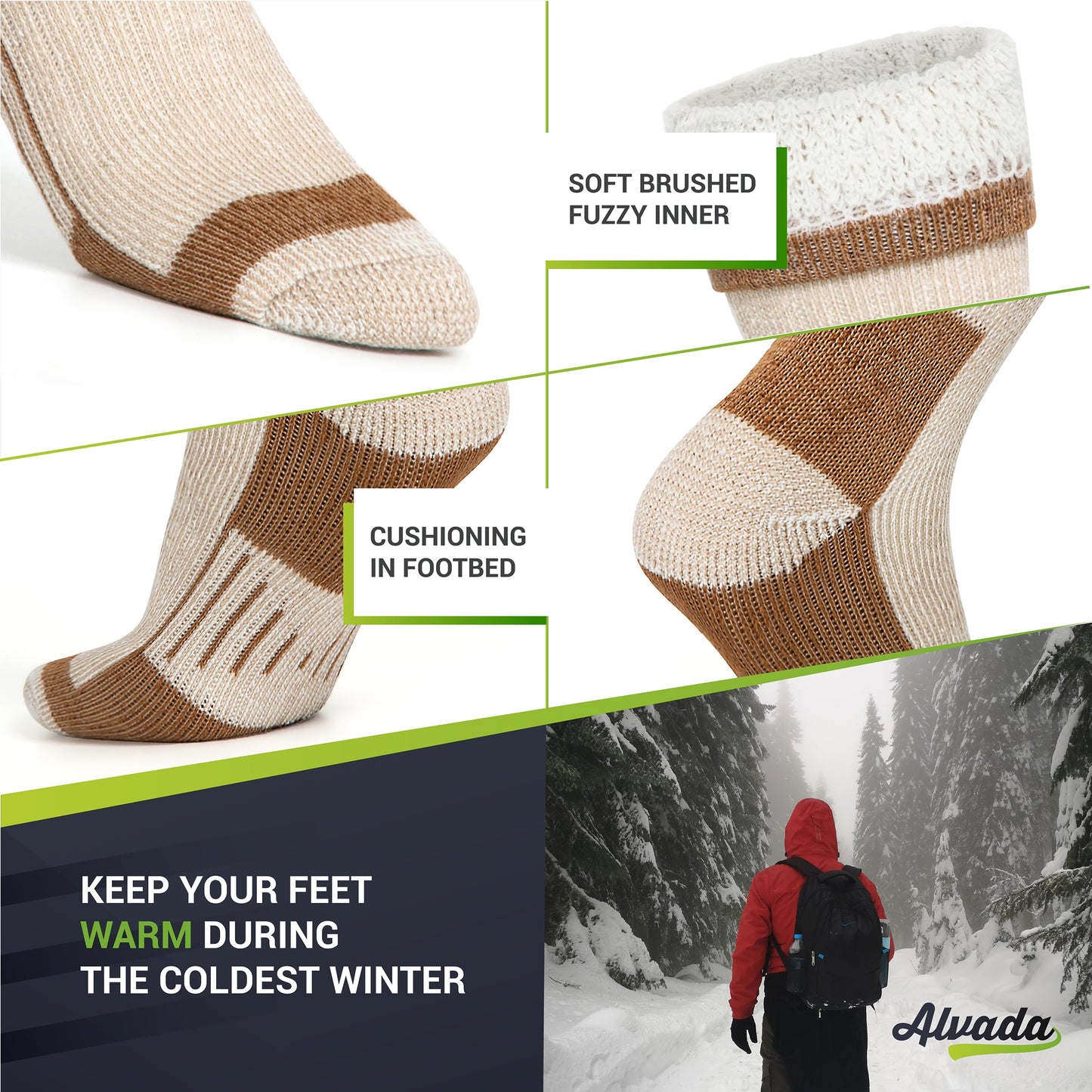 Unisex Alvada Merino Wool Hiking Socks Thermal Warm Crew Winter Boot Socks 3 Pairs