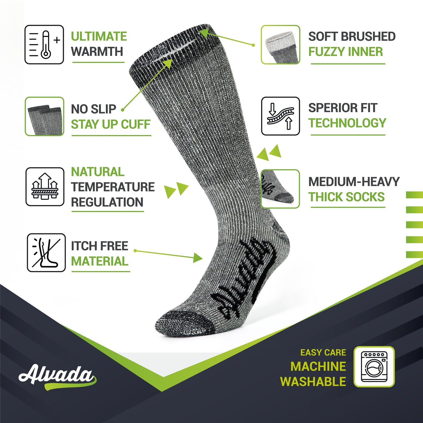 Unisex Alvada Merino Wool Hiking Socks Thermal Warm Crew Winter Boot Socks 3 Pairs