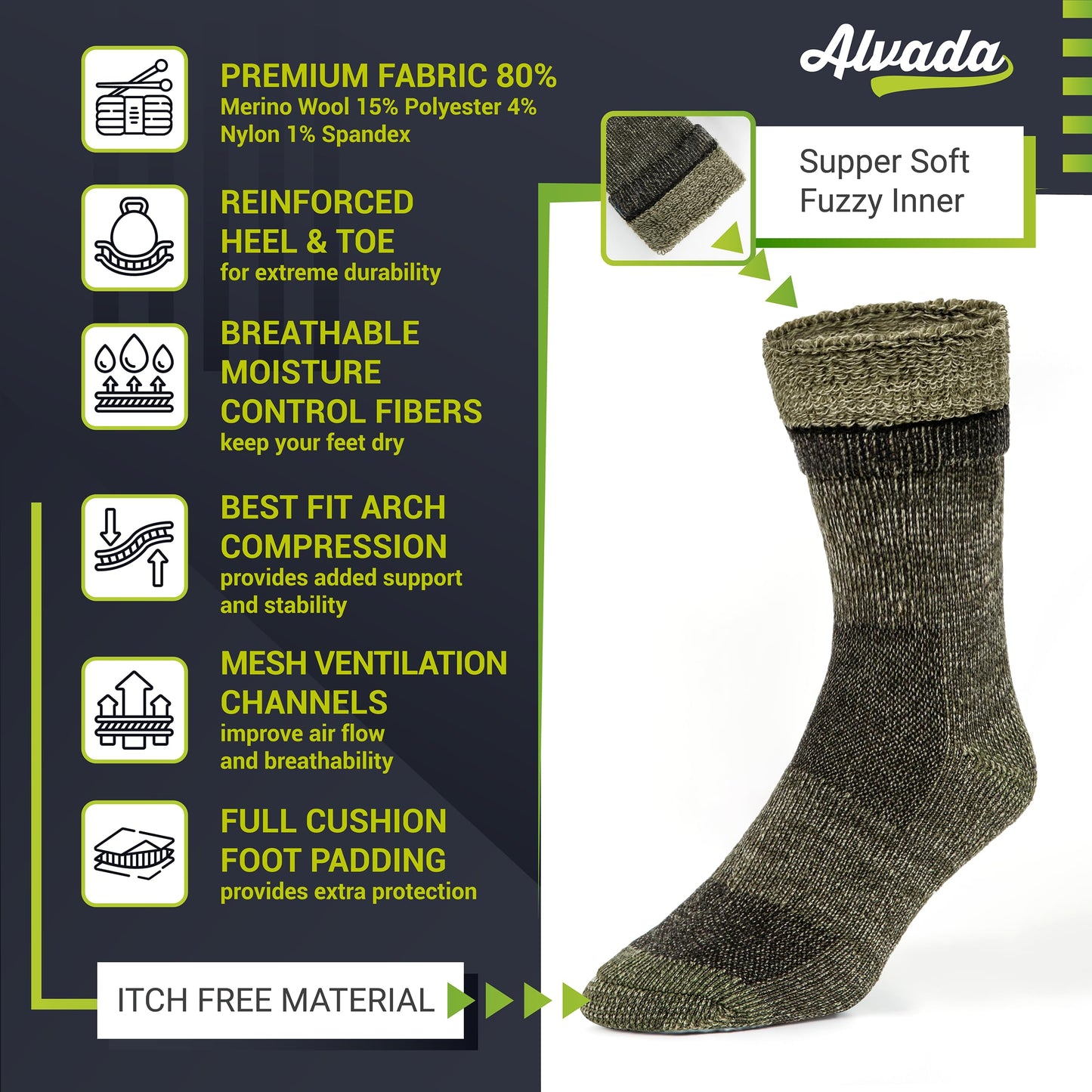 Unisex Alvada Merino Wool Hiking Socks Thermal Warm Crew Winter Boot Socks 3 Pairs