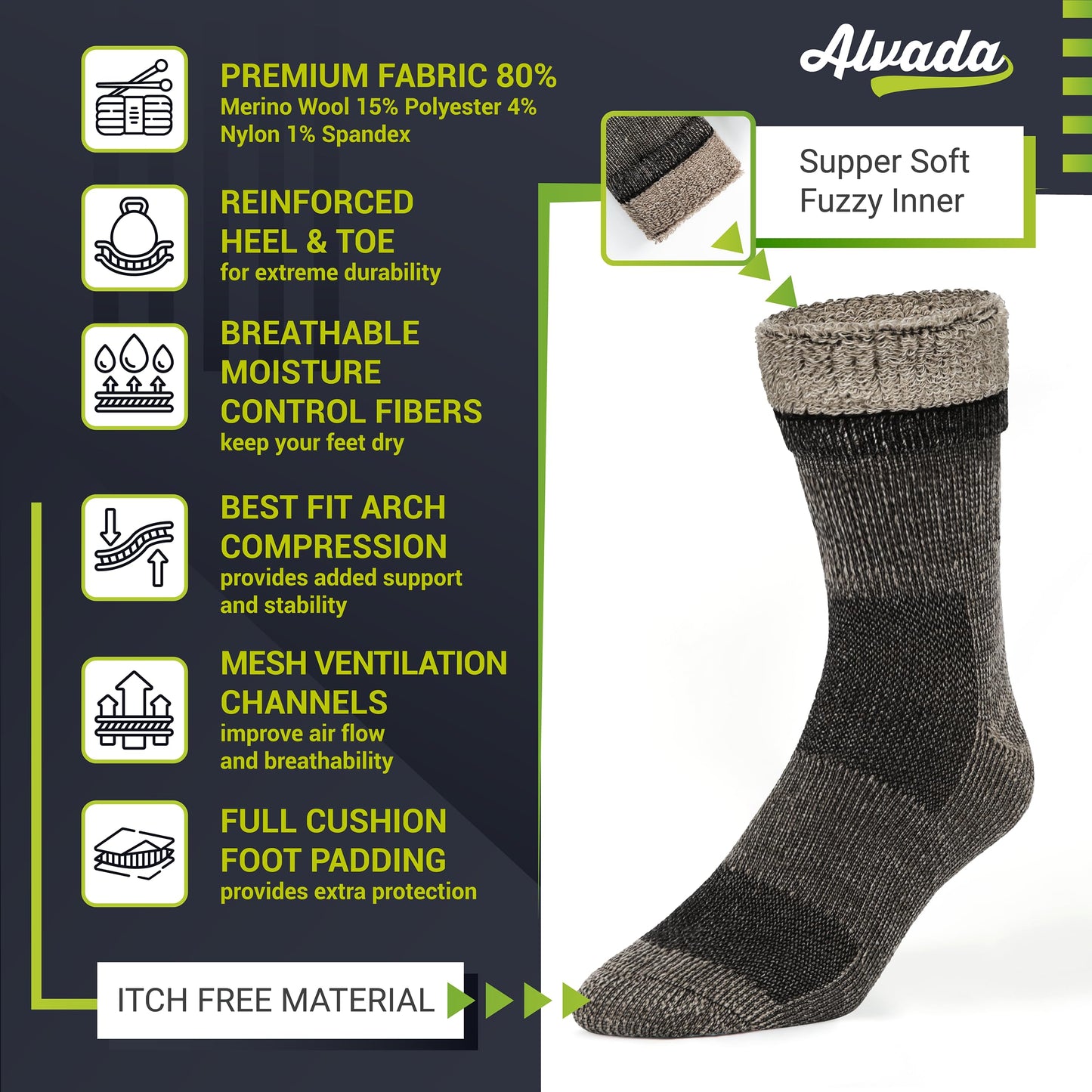 Unisex Alvada Merino Wool Hiking Socks Thermal Warm Crew Winter Boot Socks 3 Pairs