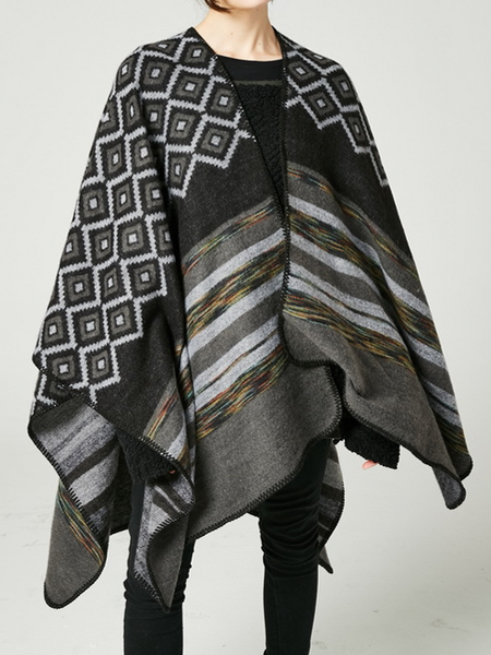 Dark Color Printed Reversible Ruana Shawl