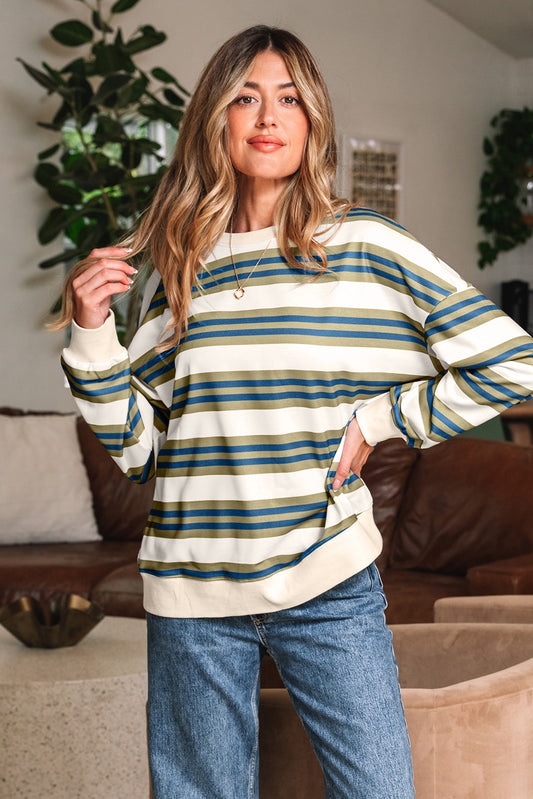 Khaki Stripe Crew Neck Pullover Sweatshirt