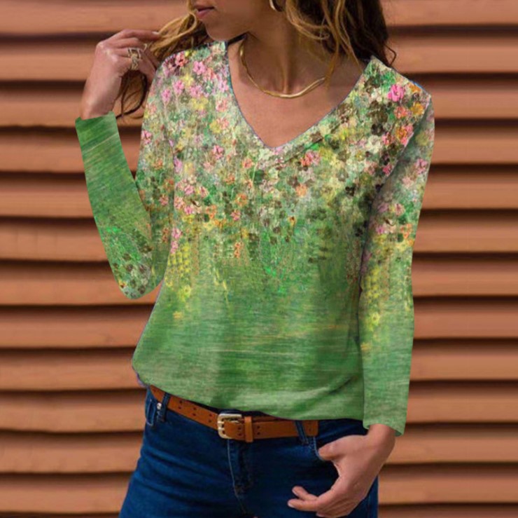 V-Neck Printed Long-Sleeve Womens T-Shirt