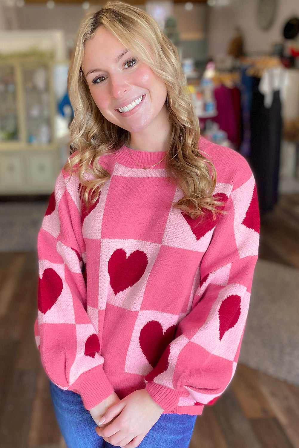 Pink Love Heart Checkered Crew Neck Sweater