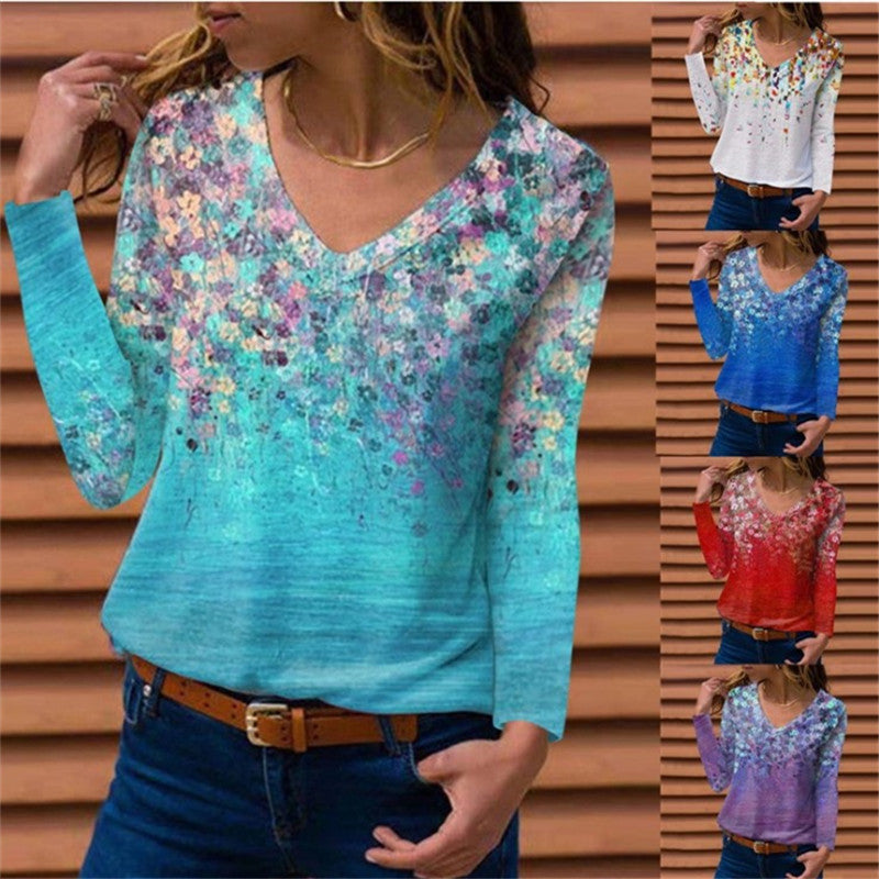 V-Neck Printed Long-Sleeve Womens T-Shirt