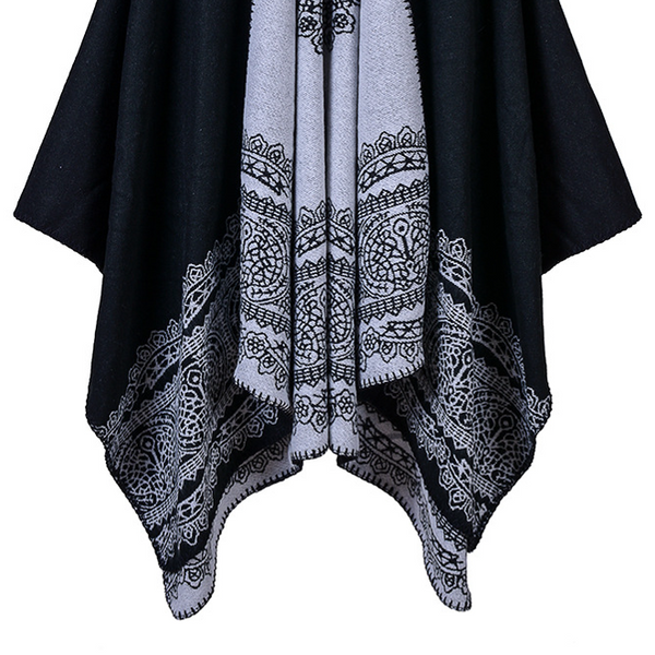 Black Light Gray Lace Pattern Ruana Shawl