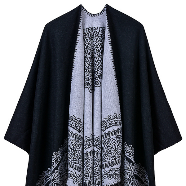 Black Light Gray Lace Pattern Ruana Shawl