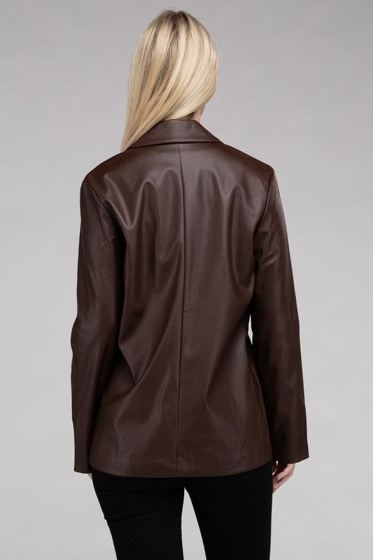 Sleek PU Leather Blazer with Front Closure